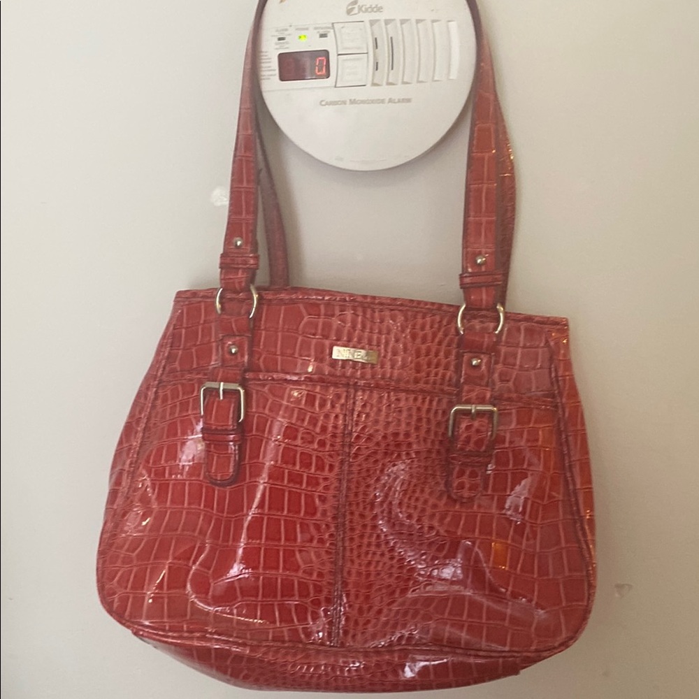 Red Crocodile-Embossed Shoulder Bag with Glossy Finish